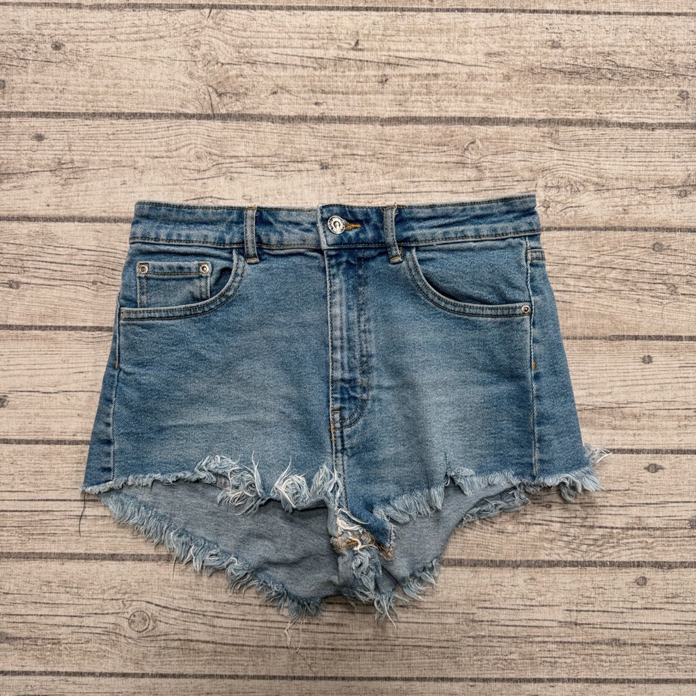 Zara Booty Shorts Women's 6 Blue Denim High Waisted Cut Off Summer Distressed